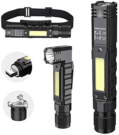 Portable Flashlight, 800 Lumens USB Rechargeable Tactical Flashlight, 90 Degree Rotate, Magnet tail, Flashlight IPX4 Waterproof Led Flashlight 5 Modes, COB Work Light for Camping, Outdoor, Reading