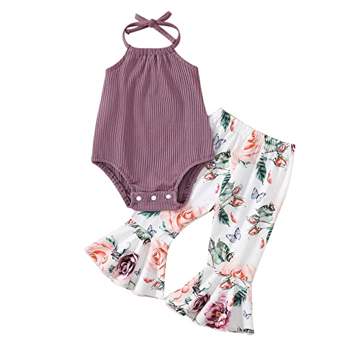Image of ADXSUN Newborn Baby Girl Summer Clothes Ribbed Romper+Striped/Floral/Cow Flared Pants Infant Outifts 0-18 Months