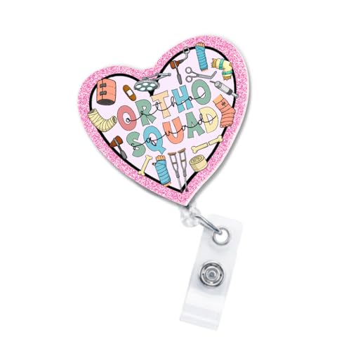 Ortho Squad Retractable Badge Reel, Cute Pink Glitter Heart Id Badge Holder with Swivel Alligator Clip, Decorative Orthopedic Name Tag Reel for Ortho Staff, Nurses, Clinic Staff