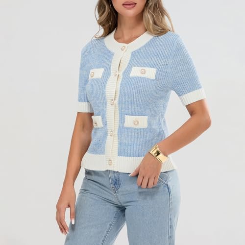 Womens Short Sleeve Button Down Cardigans Sweater Cropped Lightweight Crew Neck Elegant Knit Tops with Pockets2