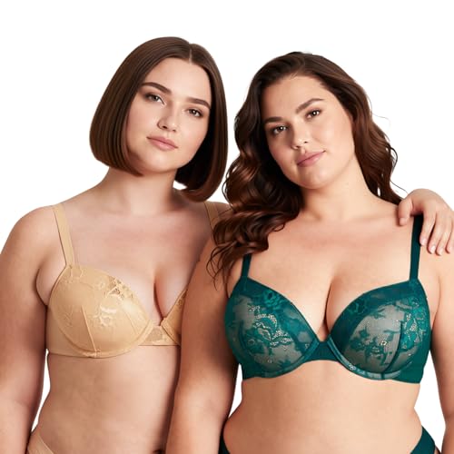 Image of Curve Muse Add 1.5 Cup Push Up Underwire Lace Bra-2PK-Dk Green,Nude-42C