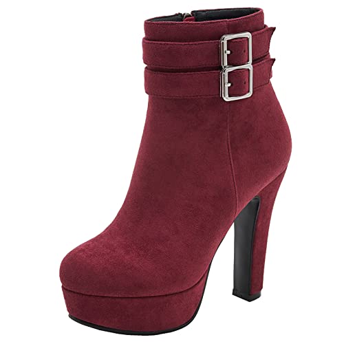 XIEWANG Botines para mujer, plataforma de gamuza con tacón grueso, vino, 39.5 EU Cover