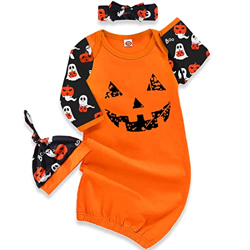 Image of AMAWMW Newborn Halloween Outfit Neutral Baby Girl Boy Sleeper Gowns Unisex Infant Pumpkin Ghost Boo Nightgown Baby Gifts Set