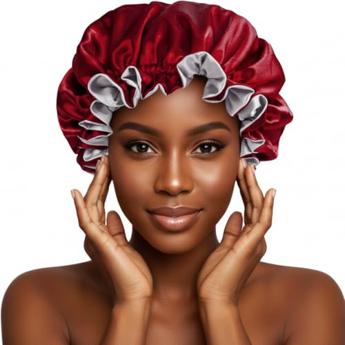Pretty Robes Silk Hair Bonnet for Sleeping, Reversible Bonnets for Black Women, Curly Hair Women Accessories (Burgundy-Silver)