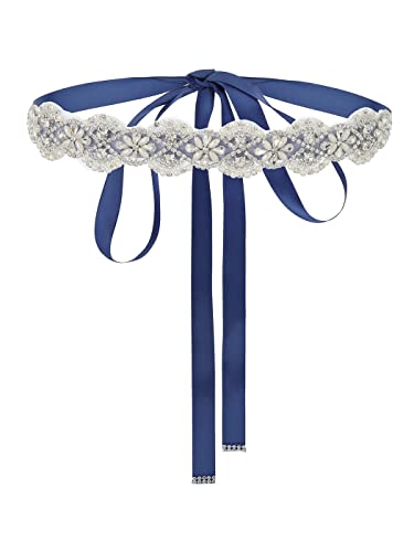IYOU Frauen Brautgürtel Perle Hochzeit Schärpe Gürtel Funkelnd Kristall Kleid Gürtel mit Marineblau Band für Bräute und Brautjungfern