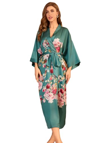 Image of LOCIIXAT Women Floral Print Long Kimono Robe Satin Dressing Gown Ladies Silky Robe Lightweight Bathrobe, Green