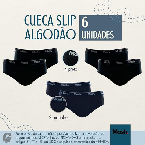 Kit 6 Cuecas Mash Slip Algodão Elástico Boxer Masculino Adulto (BR, Alfa, M, Regular, 2 Azul Marinho