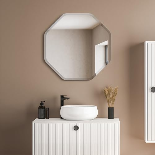 Frameless Beveled Octagonal Black Matte Wall Mirror, 28 x 28 x 0.6