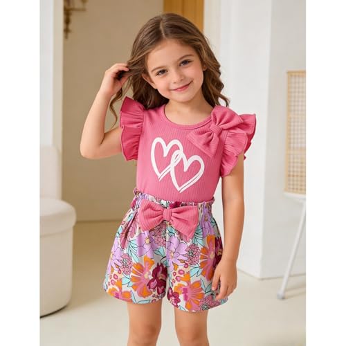 Image of 3-8 T Toddler Girls Clothing Set Ruffle Sleeve Bow Tie Top + Floral Shorts Set