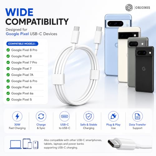 Image of Google 30W USB C to USB C Fast Charging Cable 30W PD, Type C Charger Cable, Compatible with Google Pixel 8 Pro, Pixel 8, Pixel 7 Pro, Pixel 7, Pixel 7A, Pixel 6 Pro, Pixel 6, Pixel 6A, Pixel 5