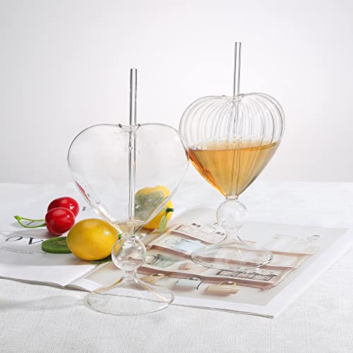 Bestalice 2 Pcs Cocktail Glass Martini Glasses, 8 Oz Creative Heart Shaped Cocktail Glasses With Straw, Crystal Glass Romantic Goblet For Wine Juice Whiskey Home Bar Party Club Glassware Gift, Glossy #TOP6