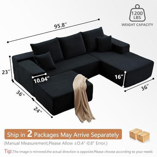 Image of 95 inch W Cloud Sectional Couch with Ottoman,Modern U-Shaped Cloud Couch with Deep Seat,Comfy Corduroy Sofa,Memory Foam Sofa for Living Room,No Assembly (Jet Black,Right-Facing Chaise)