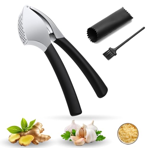 Knoblauchpresse Edelstahl 3er Set, Knoblauchpresse Spülmaschinenfest, Garlic Press, Knoblauch Presse mit Knoblauchschäler und Reinigungsbürste
