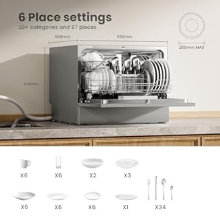 COMFEE' 2026 New Upgraded Table Top Dishwasher with 6 Place Settings, Mini Countertop Dishwasher for Small Families, Couples, LED display, Delay Start, 47dB Quiet Noise, Silver