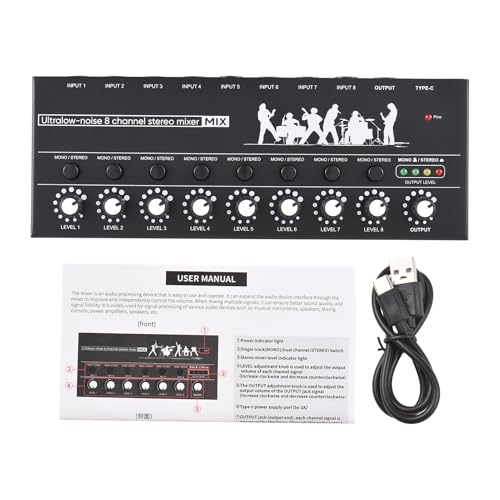 Mezclador de audio de 8 canales Professional Grado de metal de hierro de metal 6.35 mm TRS TS Tipo C Estudio alimentado Equipo de DJ de Performance Live DJ para músicos Ingenieros