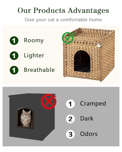 SETVSON Cat Litter Box Enclosure Furniture, Hidden PE Rattan, Natural | PE Rattan Kitty House with Top Fence, Fits Standard Litter Box, Included Litter Mat, 2 S-Hooks, Sturdy Metal Frame