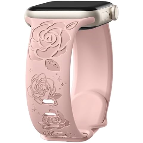 Adorve Designer Floral Engraved Band Compatible with Apple Watch Bands 40mm 38mm 41mm 42mm Women, Flower Soft Silicone Sport Strap for iWatch Series 10 9 SE 8 7 6 5 4 3 2 1, Pink, 38 40 41 42 mm Cover