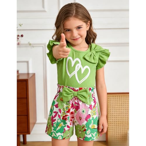 Image of 3-8 T Toddler Girls Clothing Set Ruffle Sleeve Bow Tie Top + Floral Shorts Set