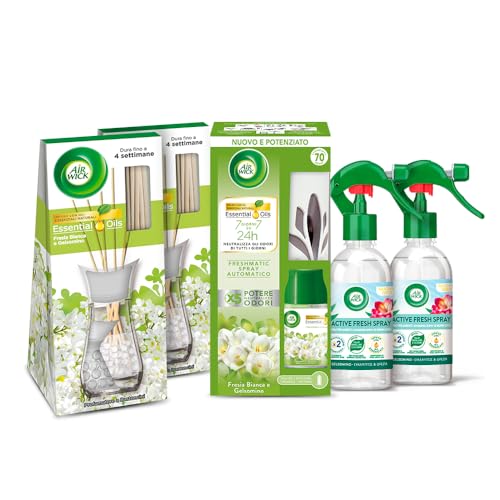 Airwick Kit Profumatori Per Ambienti: 1 Freshmatic Completo Gadget + Ricarica, 3X250Ml + 2 Profumatori Per Ambienti A Bastoncini, 2X25 Ml