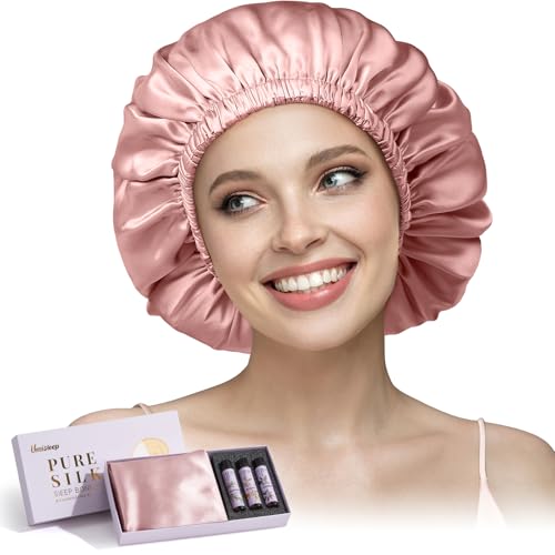 Umisleep 22 Momme Cuffia Seta Capelli Notte & Set di Oli per Capelli, Cuffia in Seta 100% di gelso, Traspirante e Regolabile, con 3 x 10 ml di Olio per Capelli 100% Puro (rosmarino, ricino e argan).