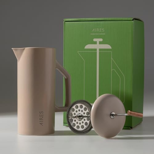 AIRES Ceramic French Press Coffee Maker – 34 oz Heat-Retaining Stoneware – Elegant Neutral Color – Inspired by Buenos Aires Coffee Culture – Gift-Ready with Barista Brewing Guide