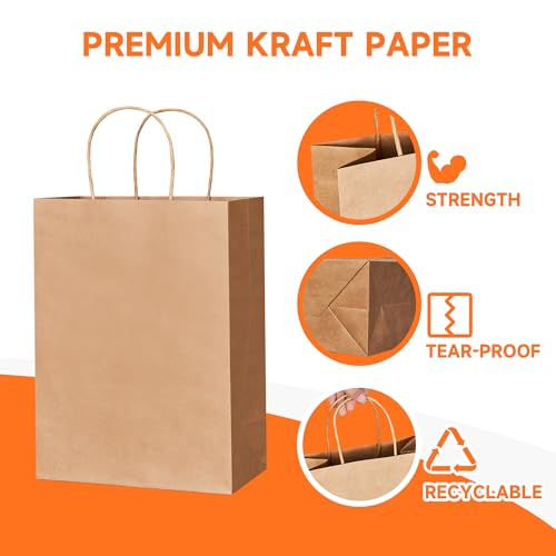 METAPRINT Brown Paper Gift Bags with Handles in Bulk, 100pcs Kraft Paper Bags 8x4.5x10.8 inch, Recyclable Shopping Bags for Retail, Grocery, Party Favors, Wedding