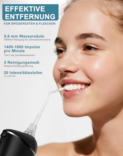 Munddusche Kabellos, Water Flosser 5 Modi 8 Stufen & 3 Intensitäten 5 Düsen, 300ML Wassertank Mund Reiniger Wasser Zähne Flosser IPX7 Wasserdicht Munddusche Testsieger 2025 für Reinigung auf Reisen – Bild 3