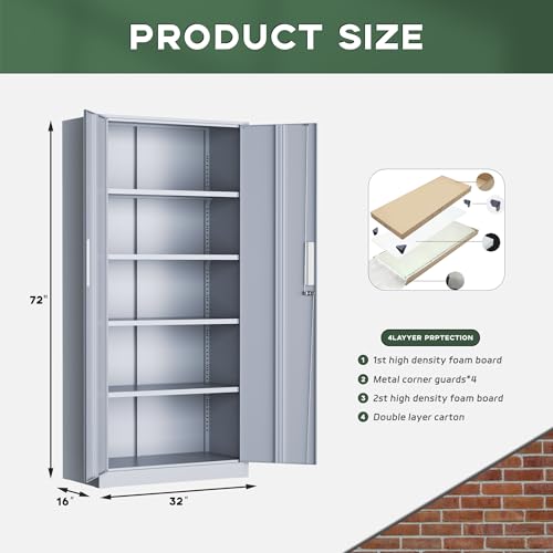 Image of Greenvelly Metal Storage Cabinet,72 inch Locking Metal Garage Storage Cabinet with Doors and 4 Adjustable Shelves, Lockable Steel Cabinet for Home Office, Garage, Shop, School (Dark Grey 32 inch W x 16 inch D)