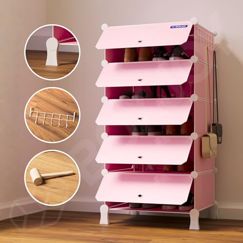 Image of BOXJOY 5 Shelf Plastic Shoe Rack with 5 Doors & 5 Hook Steel Holder (Pink) | Shoes Stand Organiser with Feet, Metal Frame Door & Wooden Hammer for Home Storage to Cover Chappal Slipper Sandals