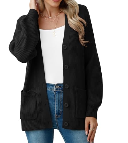 VIISHOW Women Chunky Knit Cardigan Sweater Long Sleeve V Neck Button up Cardigan with Pocket Sweater Coat for Fall and Winter,Black,Large