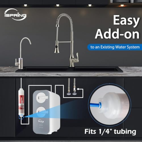 Image of iSpring FA15-N Alkaline Inline Water Filter Cartridge, 10 inch x 2 inch with 1 /4 inch Quick Connect, NSF Certified, Add-on for RO Systems, Balances pH & Restores Minerals, 3-Layer Replacement Filter