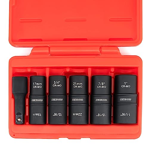 Image of NEIKO 02287B 6-Pc 1 /2-Inch-Drive Impact Socket Set, 10 SAE & Metric Sizes, Thin Wall Wheel Lug Nut Socket Set, Cr-Mo, 3-Inch Extension Bar, 6-Point, 19 & 21mm Sockets