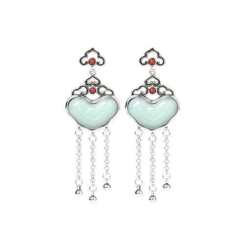 LIBERGA 女性用 中国風ロングピアス フェイク翡翠タッセルダングルイヤリング ヴィンテージの美しいシルバーイヤージュエリー