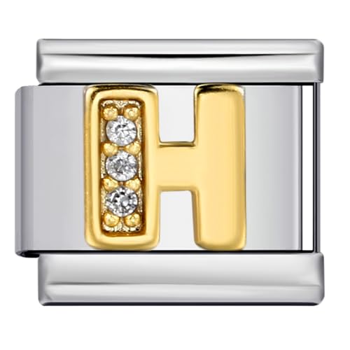 Image of A–Z Letter Italian Charm,9mm Golden Steel Bracelet Link with Cubic Zirconia Initial, Fits Modular Stretch Bracelets, Alphabet Jewellery Gift,Personality Charms Bracelets Accessories Girl Gift (H)