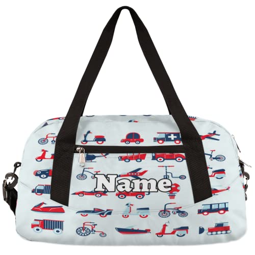 Transportation Cars Custom Name Kids Duffel Overnight Bag for Little Boys Girls Teen, Cute Cartoon Tie Dye Pattern Personalized Small Gym Sport Duffel Bag, Customized Kids Gifts