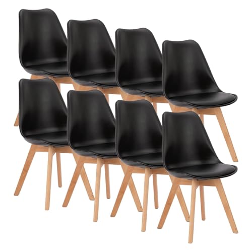 A mid-century modern dining chair with black PU leather upholstery and beech wood legs