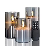 CANDLE CHOICE Real Wax Battery Operated Flameless Pillar Candles with Remote Timer Grey Glass Shell Realistic Black Wick Flickering Electric LED Lights Wedding Halloween Christmas Decorations 3 Pack
