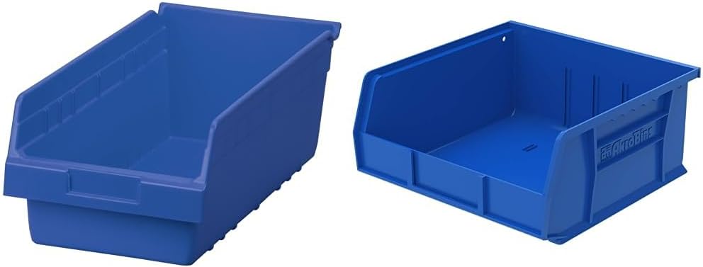 Akro-Mils 30088 Plastic Nesting ShelfMax Storage Bin Box, (18-Inch x 8-Inch x 6-Inch), Blue, (8-Pack) & 30235 AkroBins Plastic Storage Bin Hanging Stacking Containers