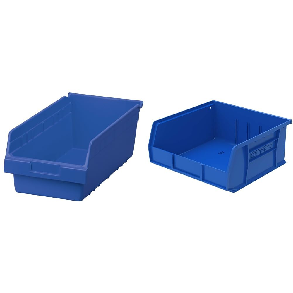 Akro-Mils 30088 Plastic Nesting ShelfMax Storage Bin Box, (18-Inch x 8-Inch x 6-Inch), Blue, (8-Pack) & 30235 AkroBins Plastic Storage Bin Hanging Stacking Containers