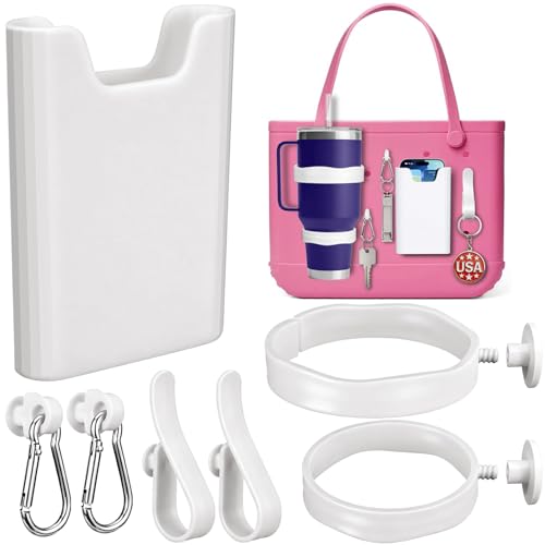 7PCS Bag Organizer Set for Bogg Bag 2Pcs Cup Holder Compatible with Stanley Slicone Phone Holder 2 Hooks and 2 Key Holders Beach Tote Accessories Compatible with Bogg Bag & Simple Modern (White)