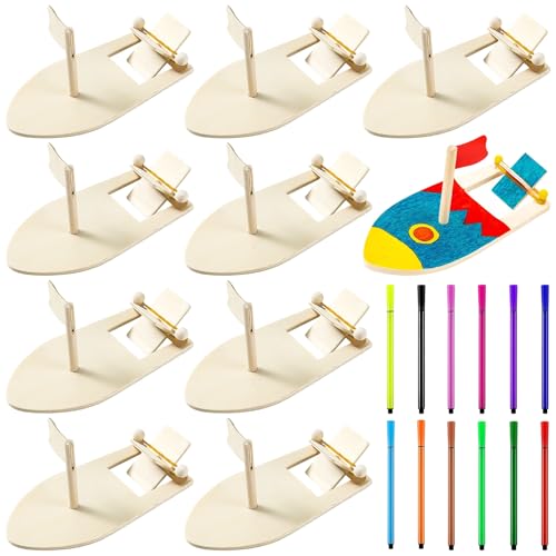 YOUNGSAY 10 Stück DIY Holz Segelboot, Kinderpuzzle Holzboot mit 12 Aquarellstift, Bemalt Holzboote Basteln für DIY-Malerei für Kinder und Dekorieren