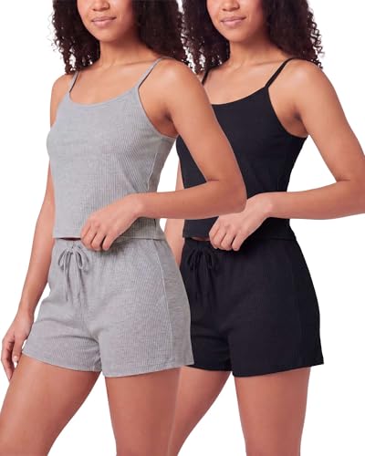 Image of Real Essentials 2 Pack: Women's Ribbed Cropped Cami and Short Set Pajama Sleep Lounge Sleepwear PJ Soft Drawstring Shorts