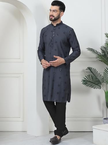 Image of SOJANYA (Since 1958 Men's Cotton Silk Sequinned Neck Embroidered Kurta with Black Pyjama