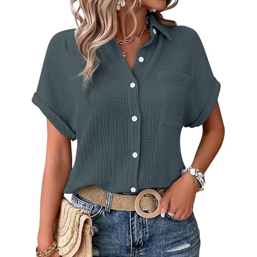 Bluse Damen, Musselin Bluse Damen Shirts Bluse Elegant Tunics Sommer Tshirt Kurzarm Leinen Knopf Bluse Lange Oversized T-Shirt Casual für Leggings, dunkelgrau M