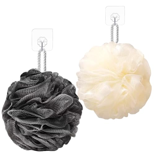 THYUNHE Sunvitae Bath Sponges Loofahs?Shower Puff 80 Grams Large Size?2 Pack Shower Sponge Pouf Ball Exfoliating Cleaning Bath Sponge Shower Loofa Pouf Ball Body Scrubber Balls (Black?Cream)