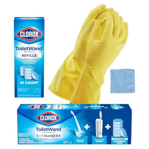 Aserson Toilet Wand Starter Kit With Caddy and 16 Original Disinfecting Refill Heads Bundle with Latex Gloves and Cleaning Cloth Cover