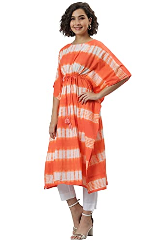 Image of Janasya Women's Orange Cotton Tie-Dye Kaftan Kurta