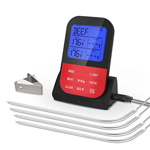 4 Probe Wireless Meat Thermometer with Timer and Alarm Functions,Waterproof for Oven, BBQ, and Smoker,Measures 4 Probes,Grilling Thermometer for Outdoor Grill Magnet Back