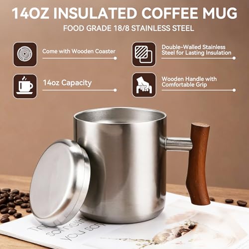 Mug Térmico de Acero Inoxidable 14oz Plata con Asa de Madera miniatura 4