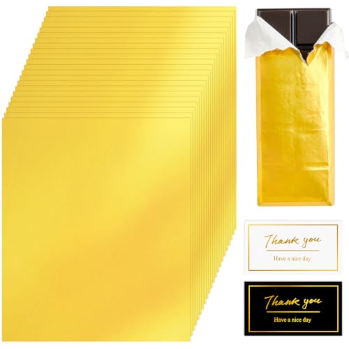 Yamobi 120 Piezas Envoltorios de Chocolate Dorados Papel para Envolver de 16x19cm para Chocolates y Dulces con Etiquetas de Agradecimiento
